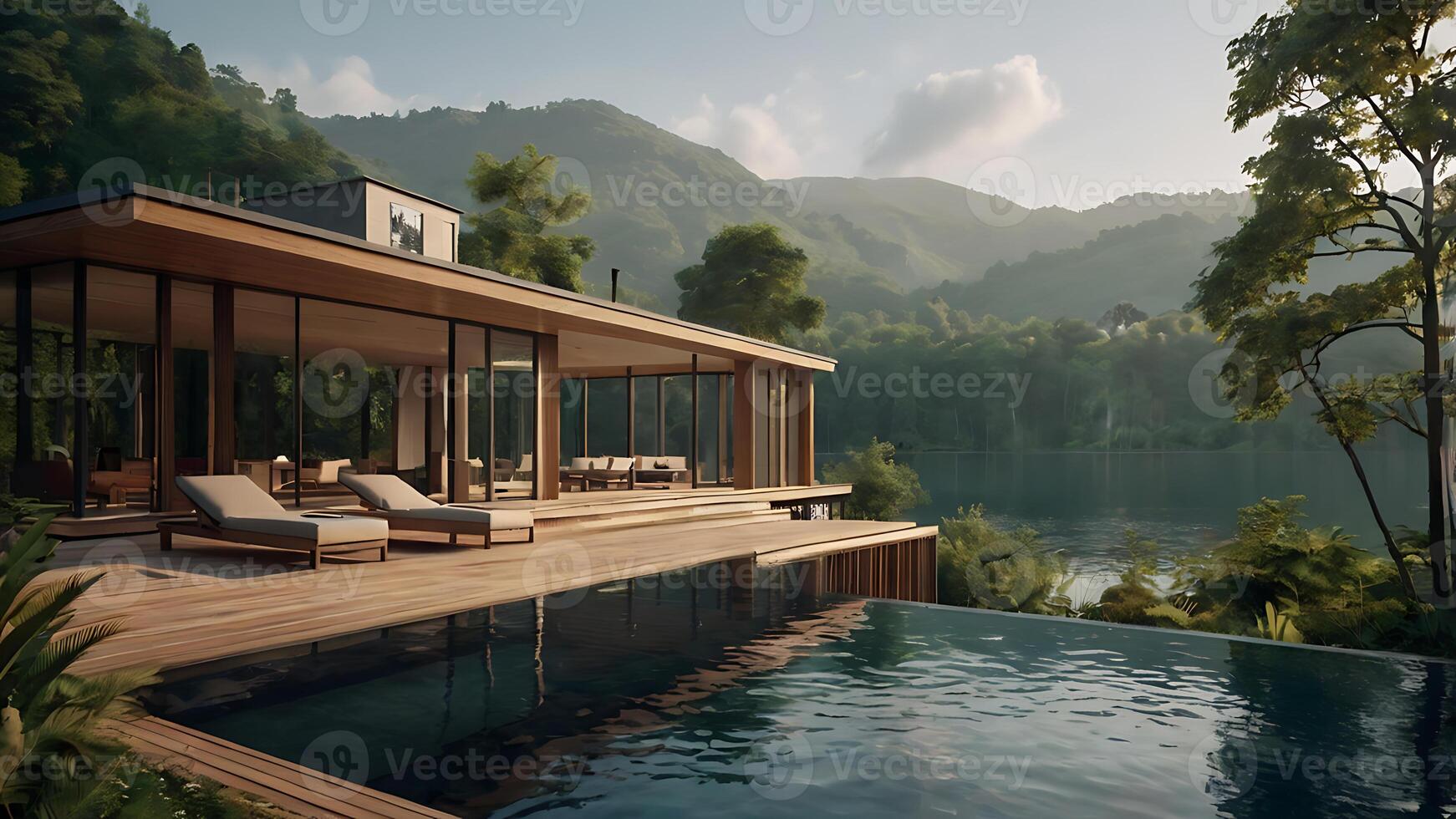 Luxurious modern home with infinity pool overlooking a serene lake and mountains photo