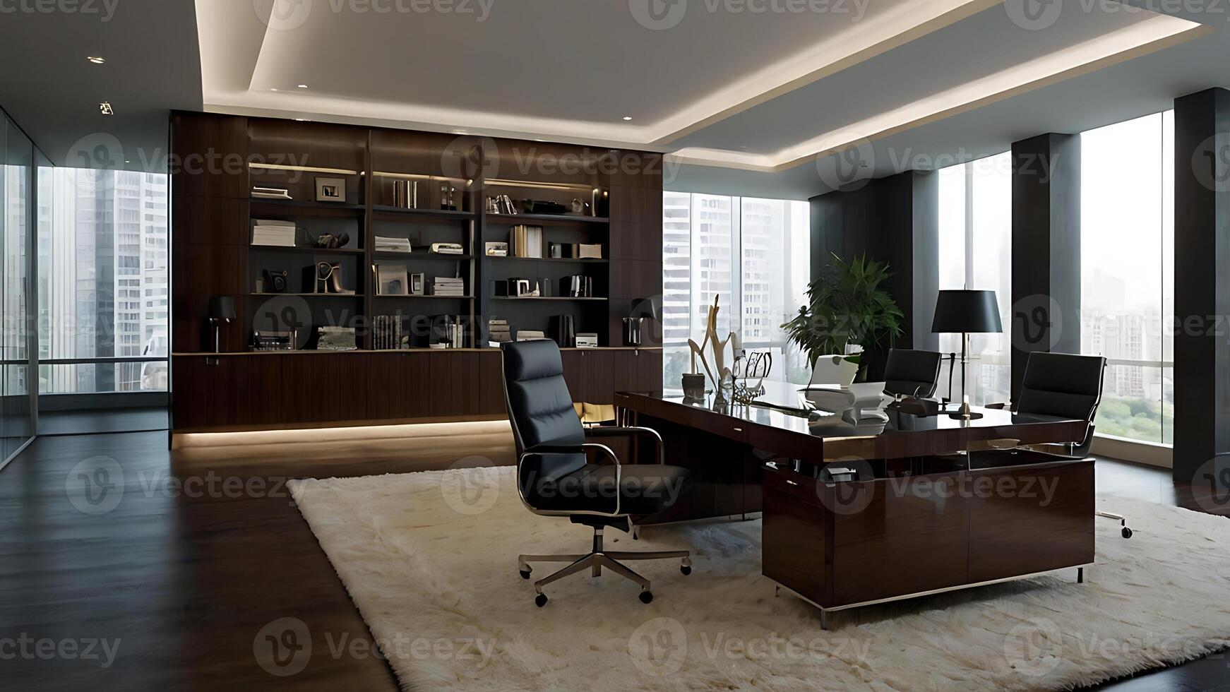 Elegant modern executive office interior with large windows and a luxurious desk photo