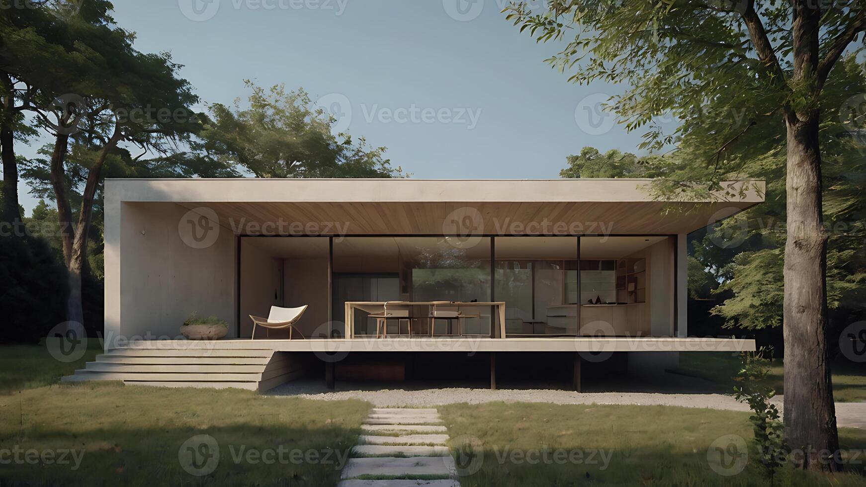 Modern minimalist home with large windows nestled in a lush green landscape setting. photo