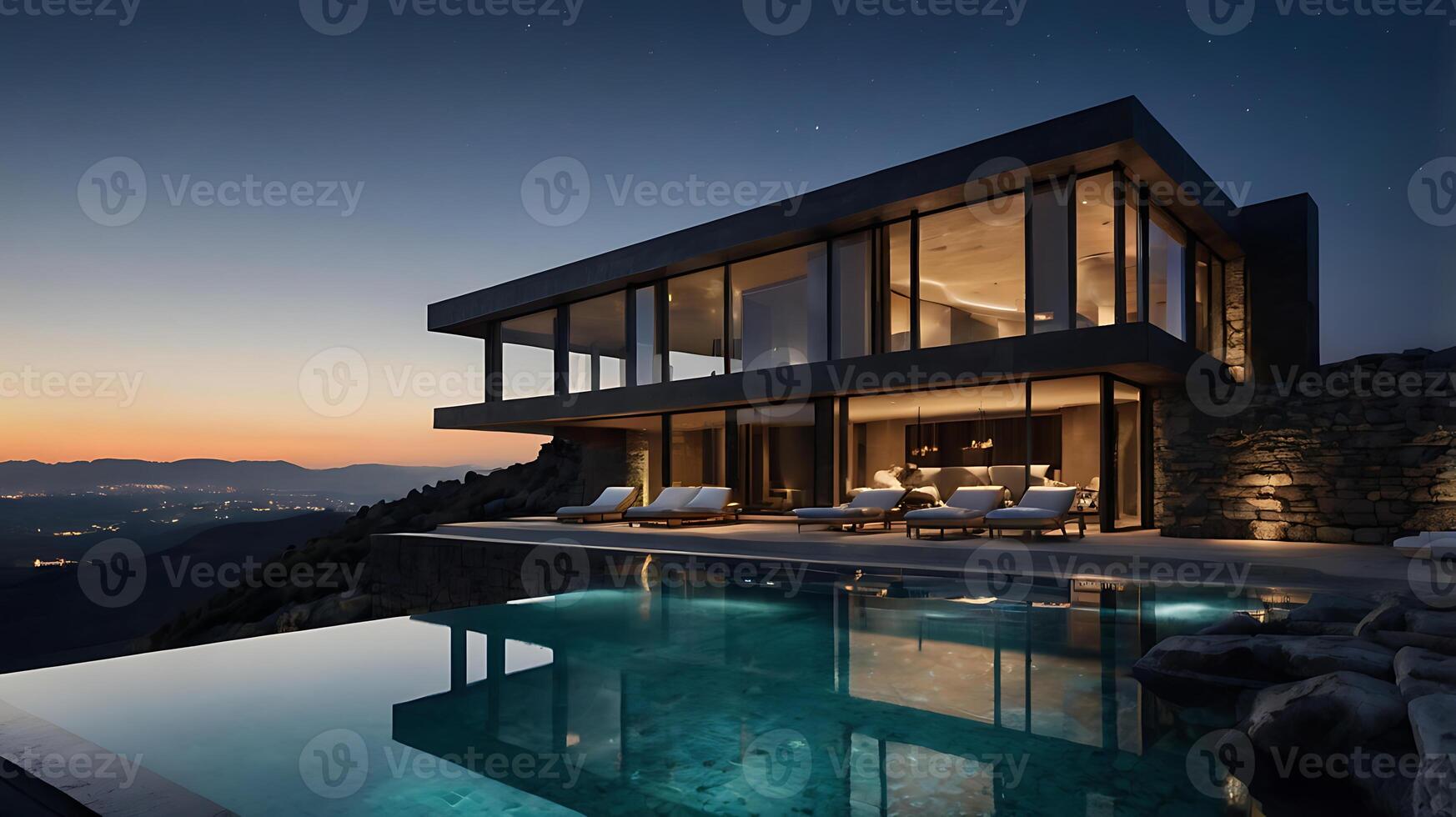 Modern luxury villa with infinity pool overlooking scenic mountain landscape photo