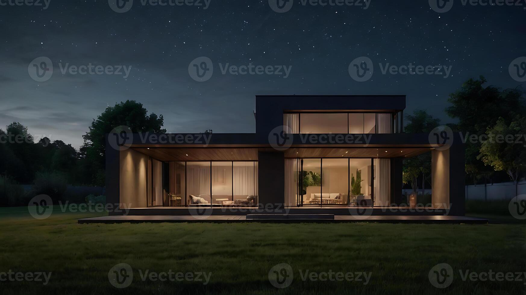 Modern illuminated two-story house with large windows under a starry night sky photo