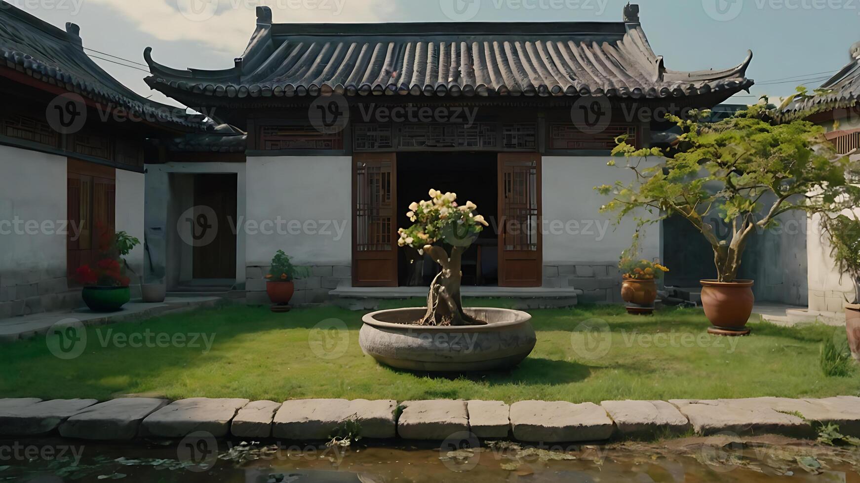 Serene Asian courtyard with traditional architecture and lush greenery under sunlight photo