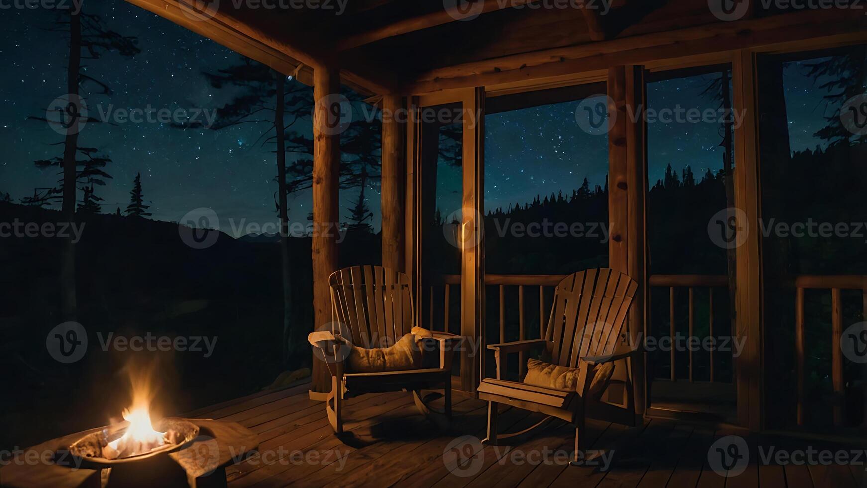 Cozy cabin porch with rocking chairs and a campfire under a starry night sky photo