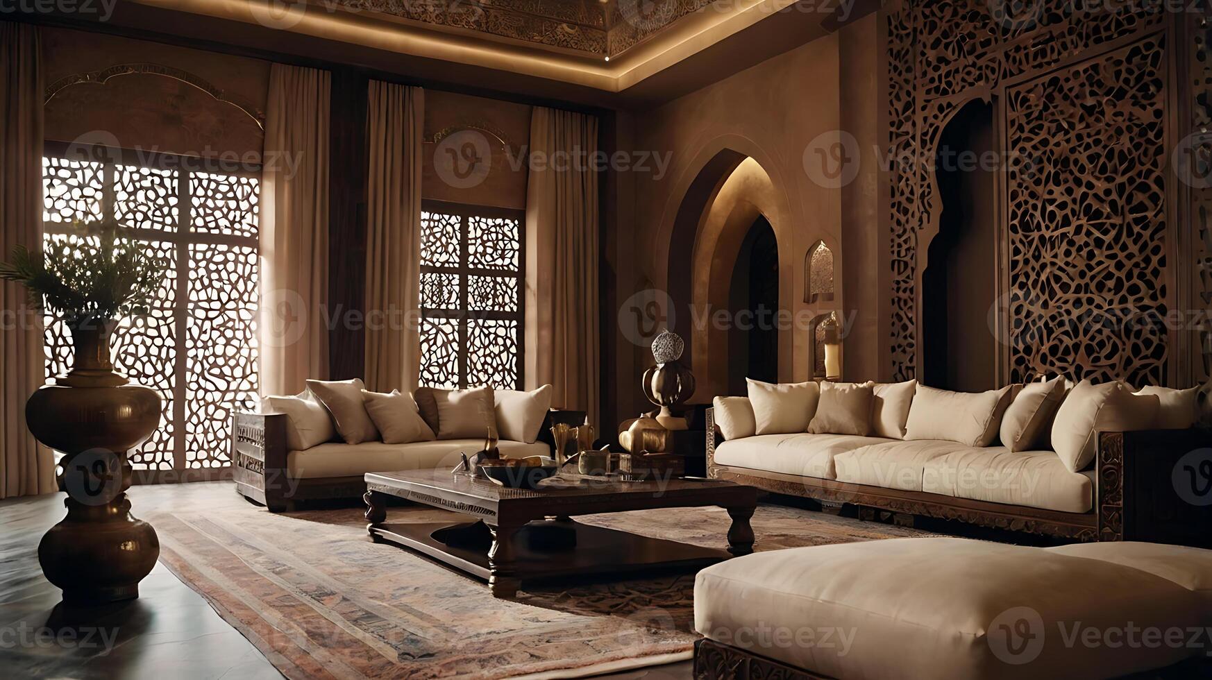 Luxurious living room interior with oriental design and warm, inviting ambiance photo