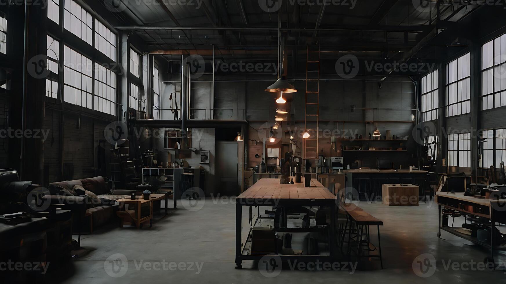 Interior of a spacious industrial workshop with tables, tools, and natural light photo