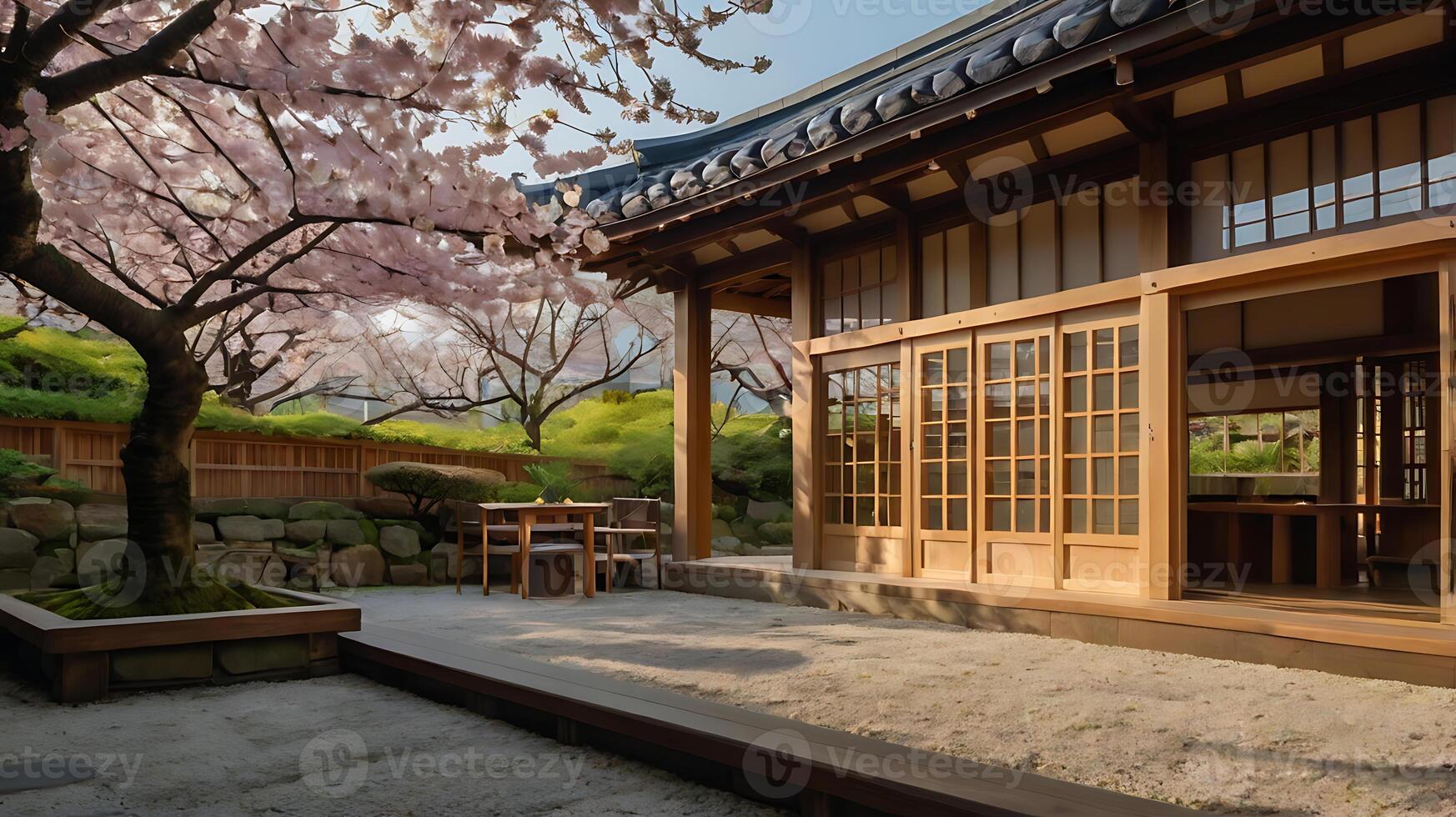Serene Japanese garden scene featuring cherry blossoms and traditional architecture photo