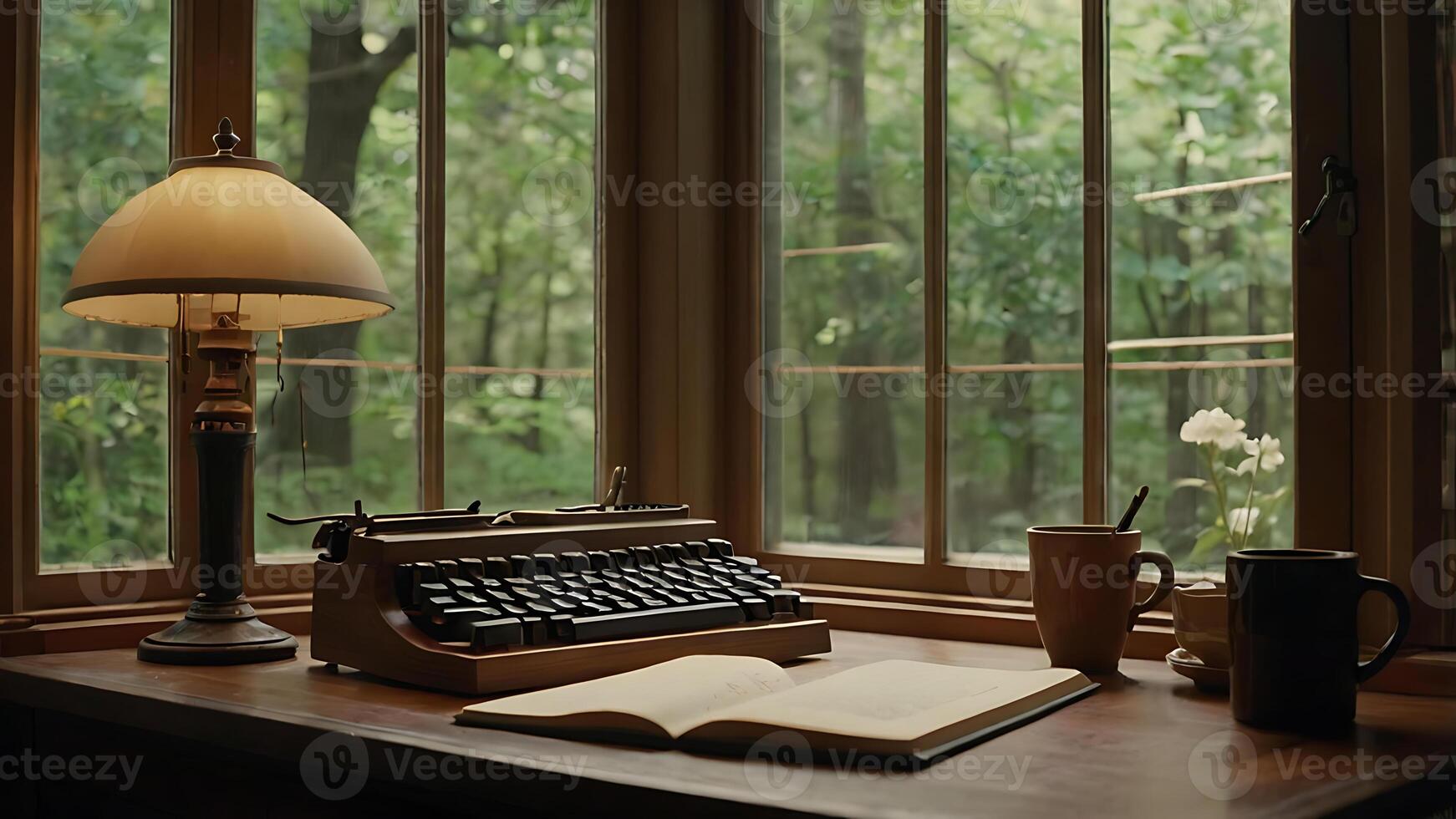 Cozy writing space with a vintage typewriter, open book, and coffee by a window photo