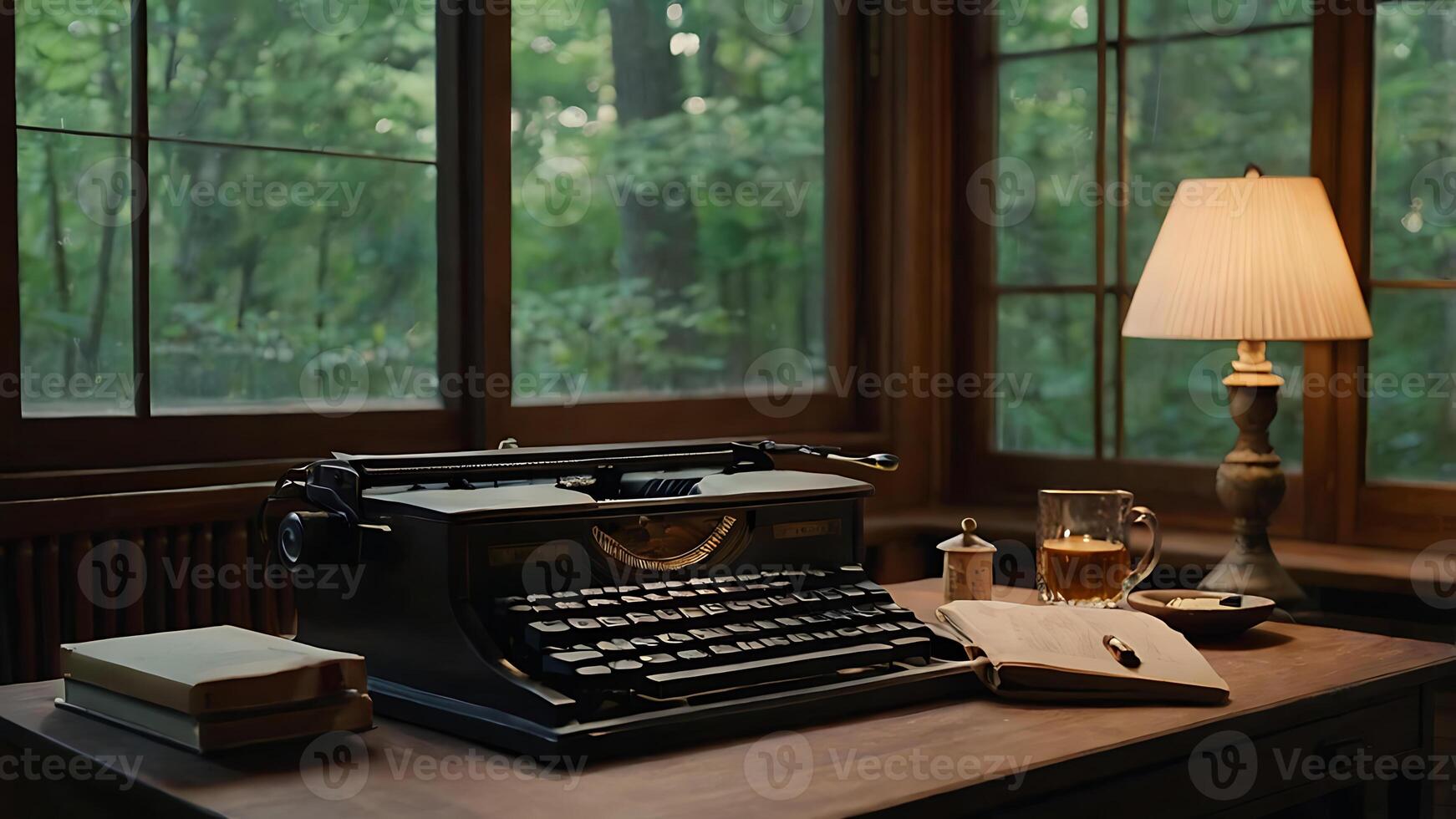 Vintage typewriter on a wooden desk with a lamp and open book near a window. photo