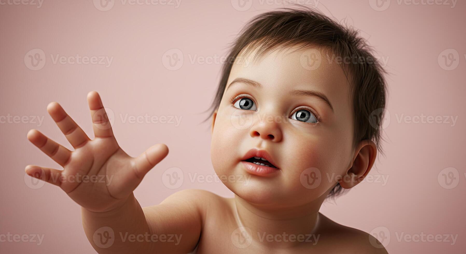 Adorable baby reaching out with open hand against a pink background photo