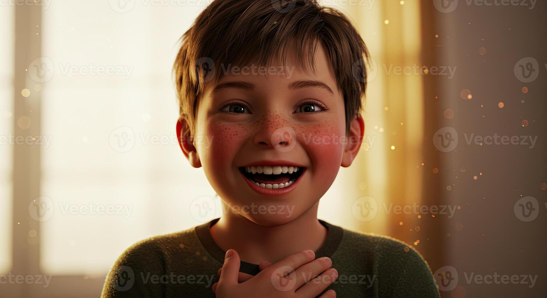 Adorable boy with freckles smiling warmly at camera with hand on chest photo
