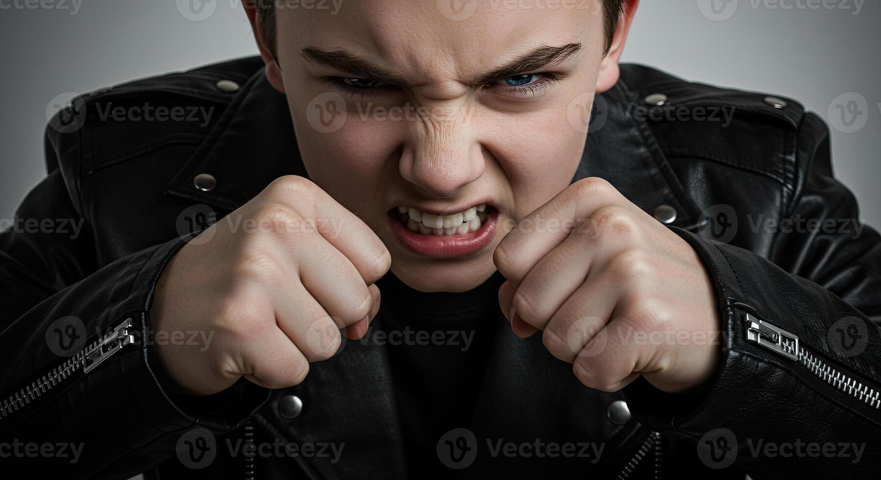 Aggressive teenage boy wearing leather jacket clenches his fists angrily photo