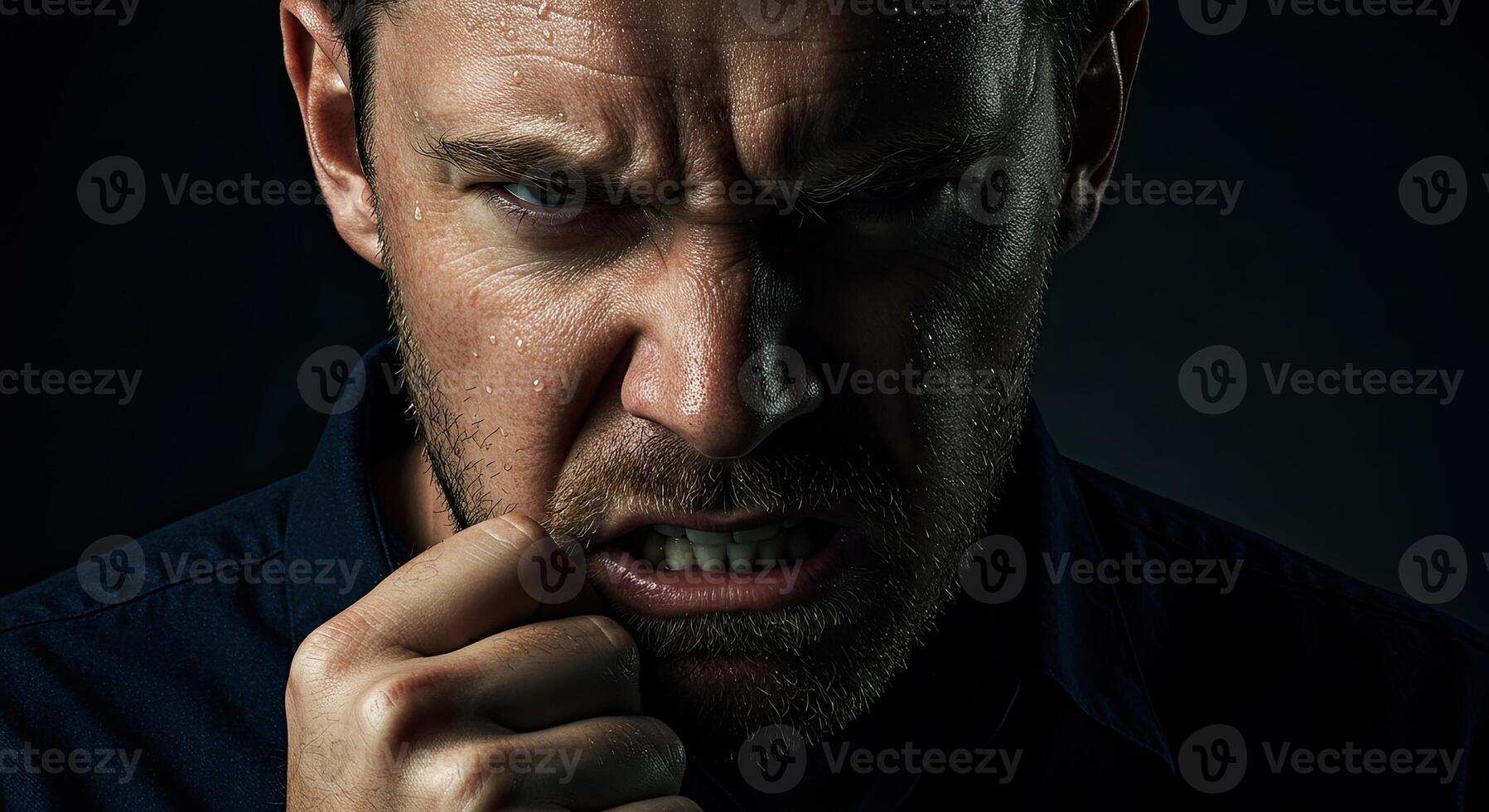 Angry man portrait expressing rage and frustration with clenched fist photo