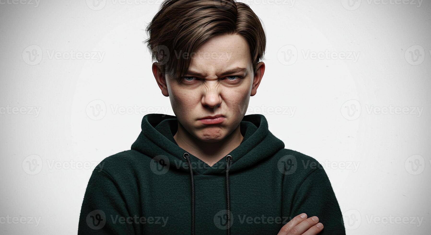 Angry teenage boy with a furrowed brow wearing a green hooded sweatshirt photo