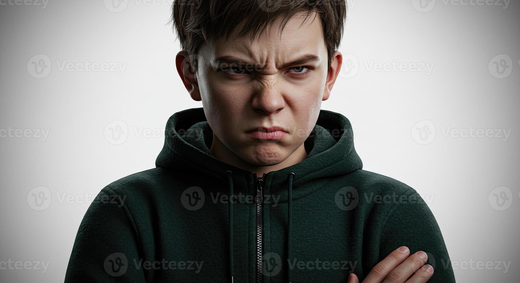 Angry teenager in hoodie expressing frustration and negative emotions photo