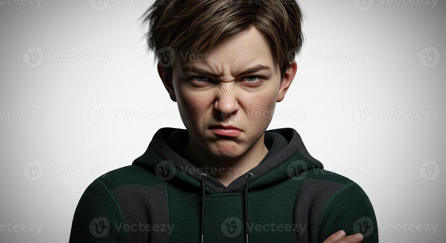 Angry young boy with furrowed brows in green hoodie expressing negativity photo