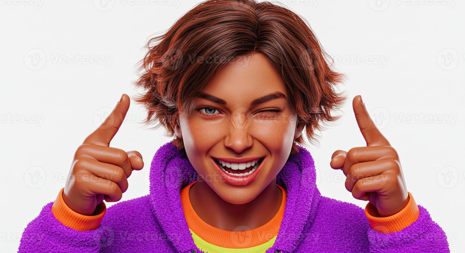 Animated young adult winking and pointing upwards with a playful smile photo