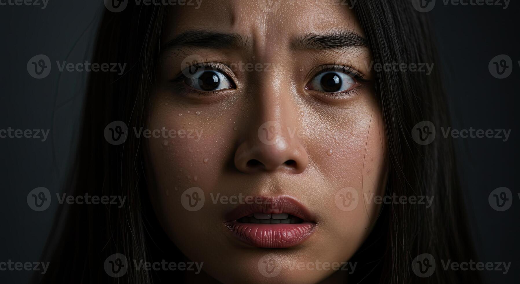 Anxious young Asian woman with wide eyes and sweat on face closeup photo