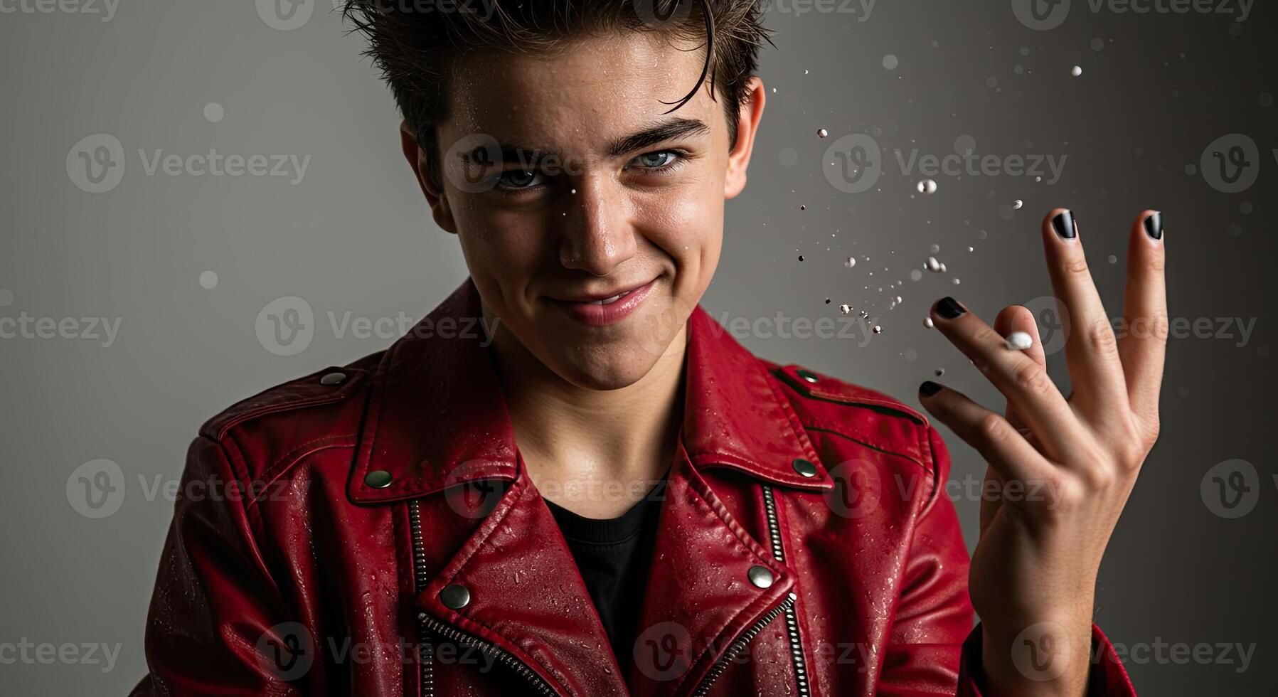 Attractive young man in a red jacket with water droplets smiling confidently photo