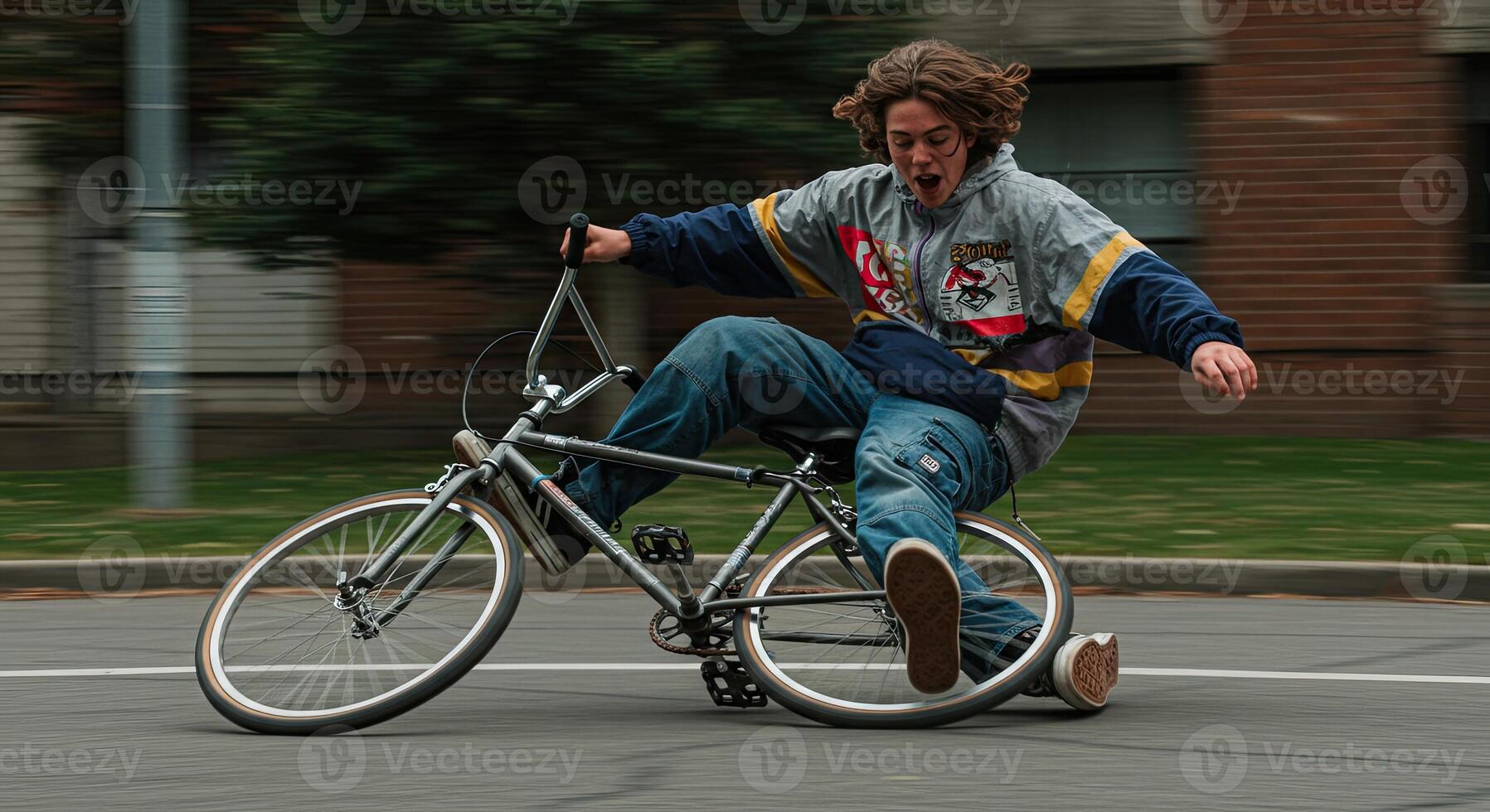 Carefree teenager riding bicycle with no tire on the road expressing joy photo