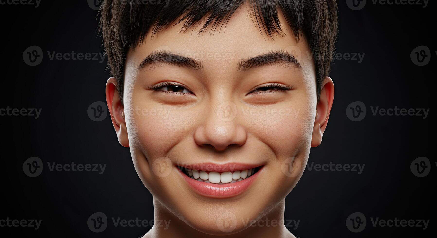 Close up of a young Asian woman winking and smiling cheerfully photo