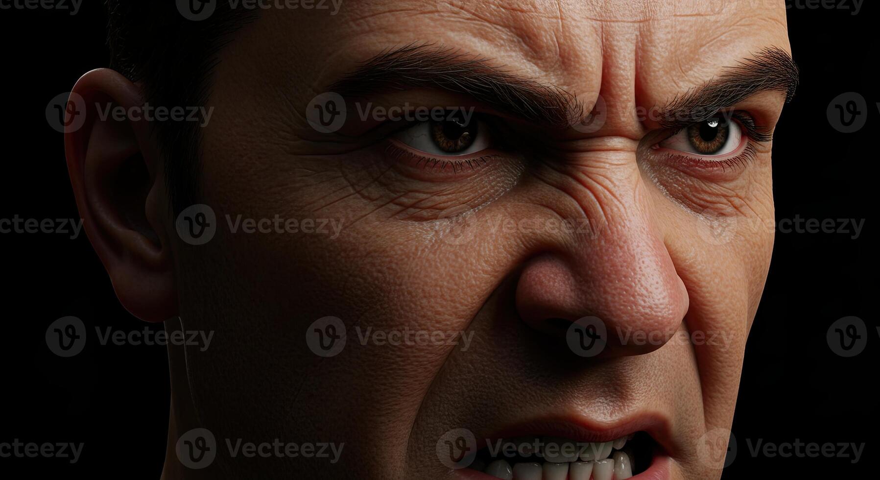 Close up of angry man with furrowed brow showing strong emotion photo