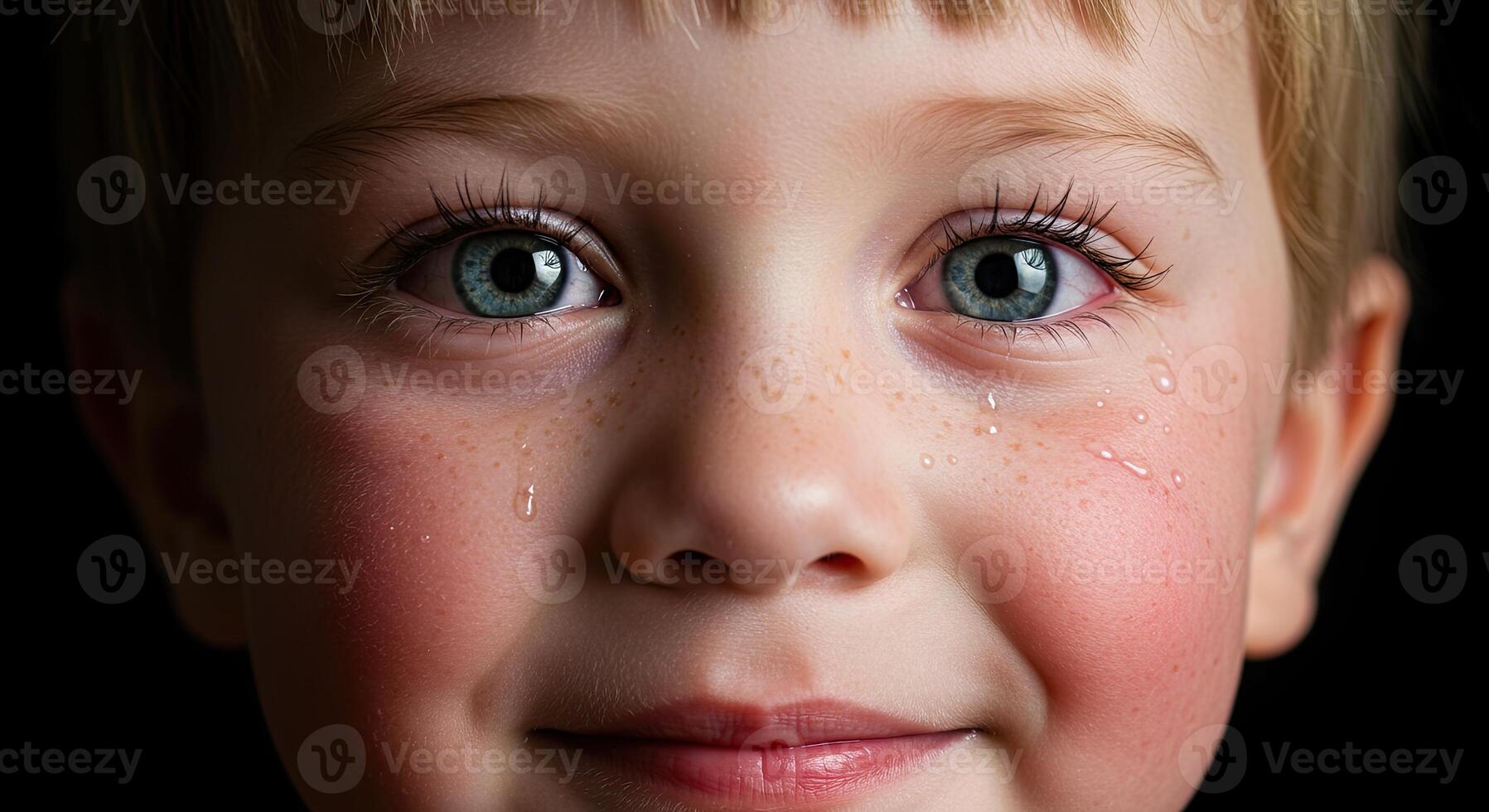 Close up portrait of a cute tearful child with blue eyes smiling slightly photo