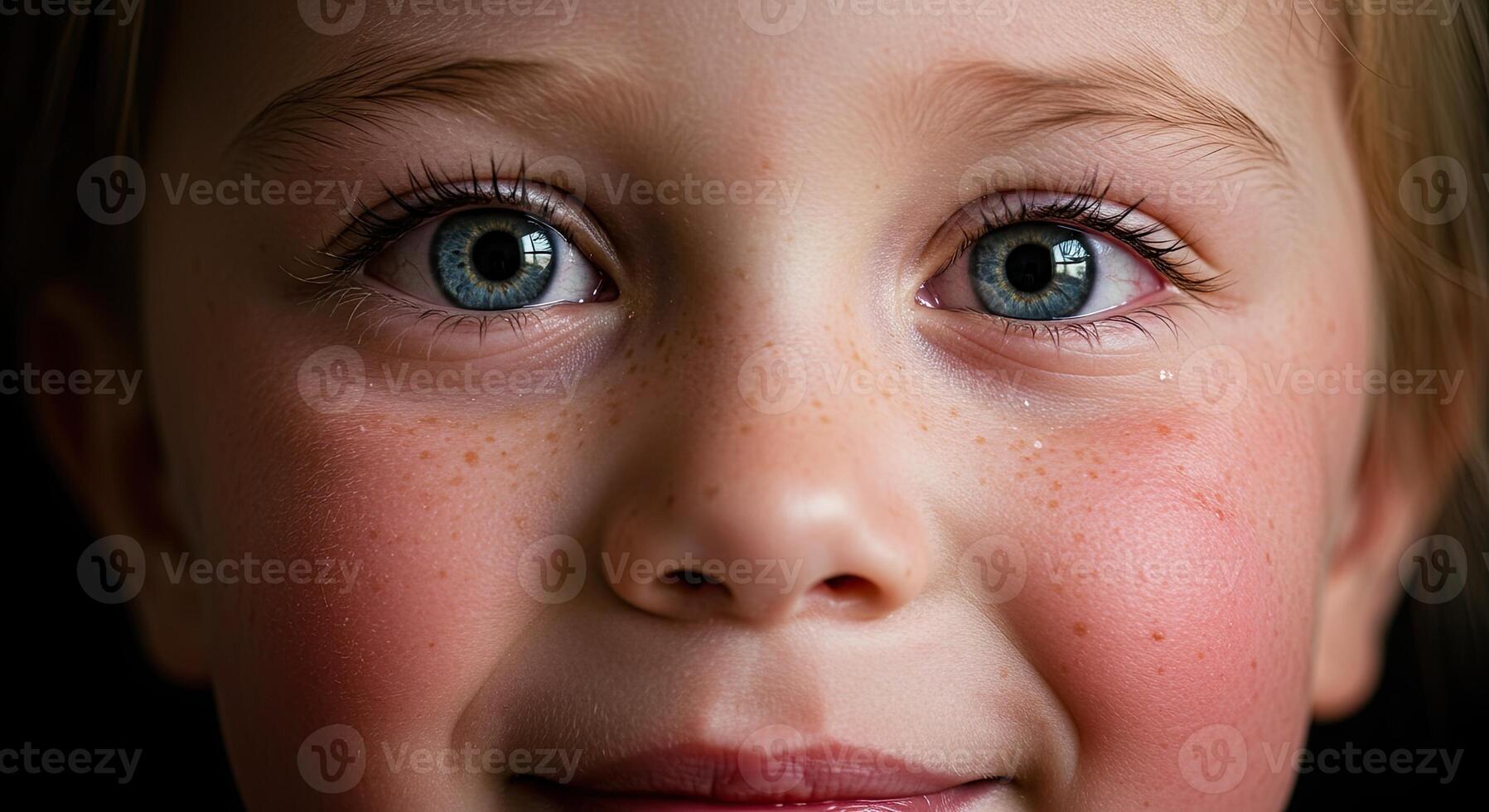 Close up portrait of a happy young girl with freckles and blue eyes photo