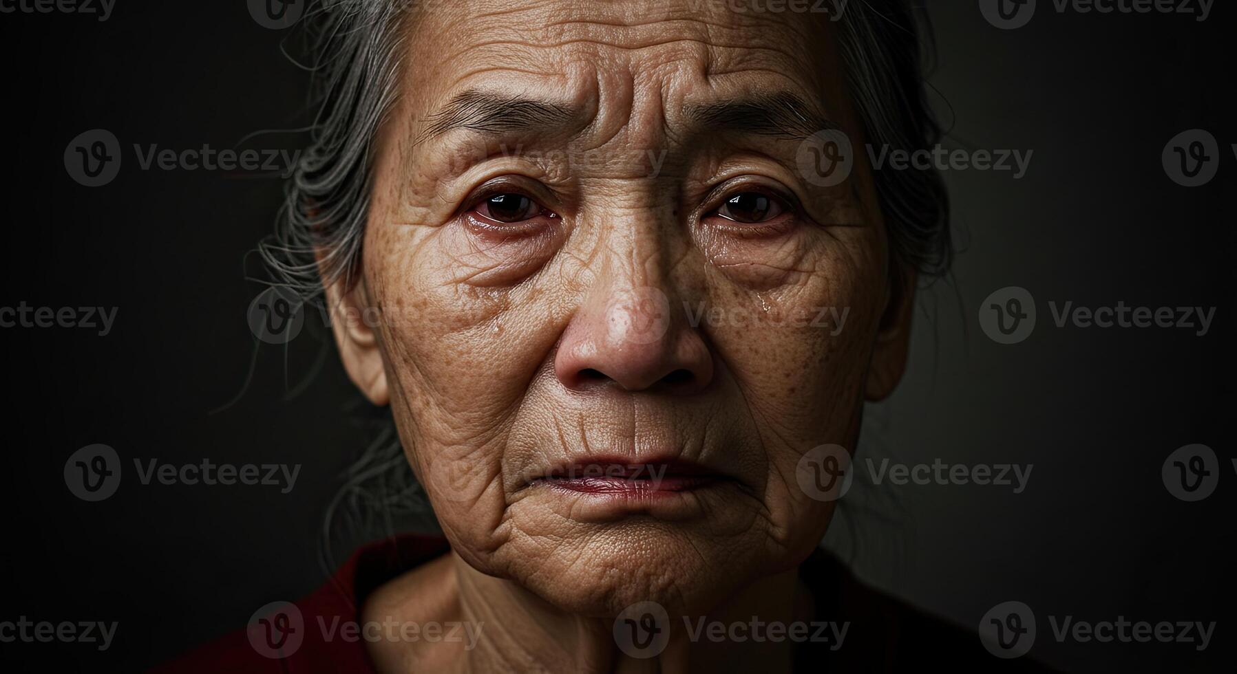 Close up portrait of a mature Asian woman with tearful eyes in despair photo