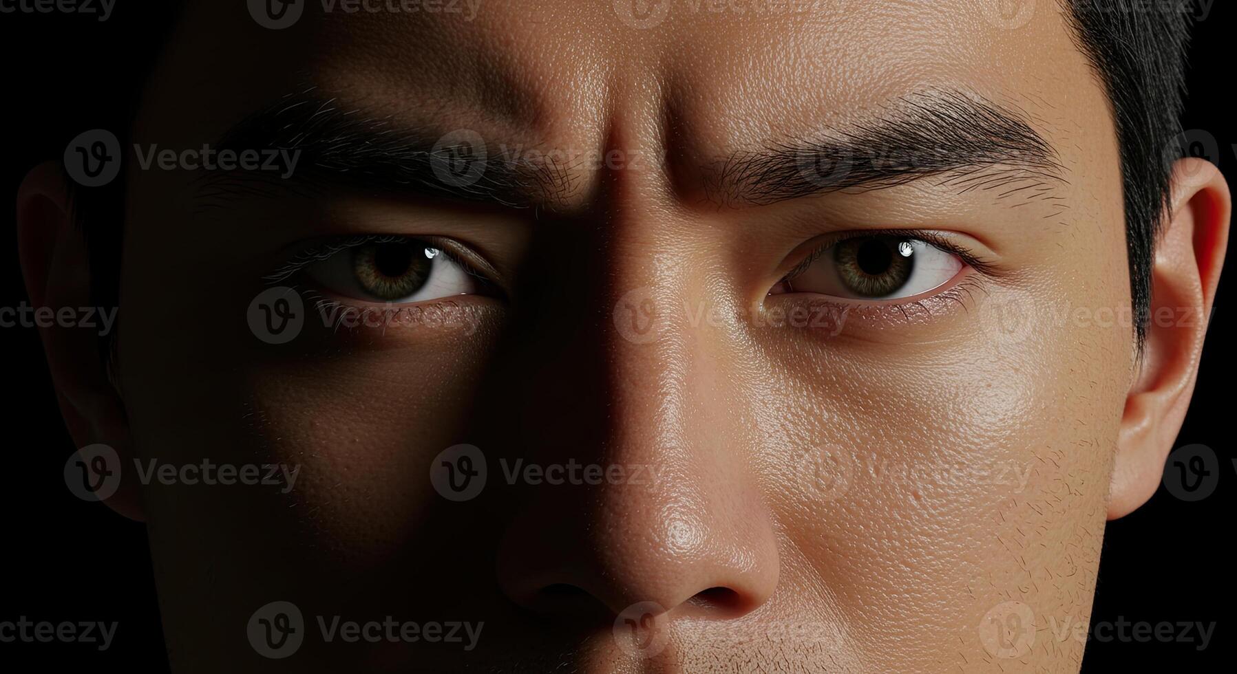 Close up portrait of a serious Asian man with furrowed brow and intense gaze photo