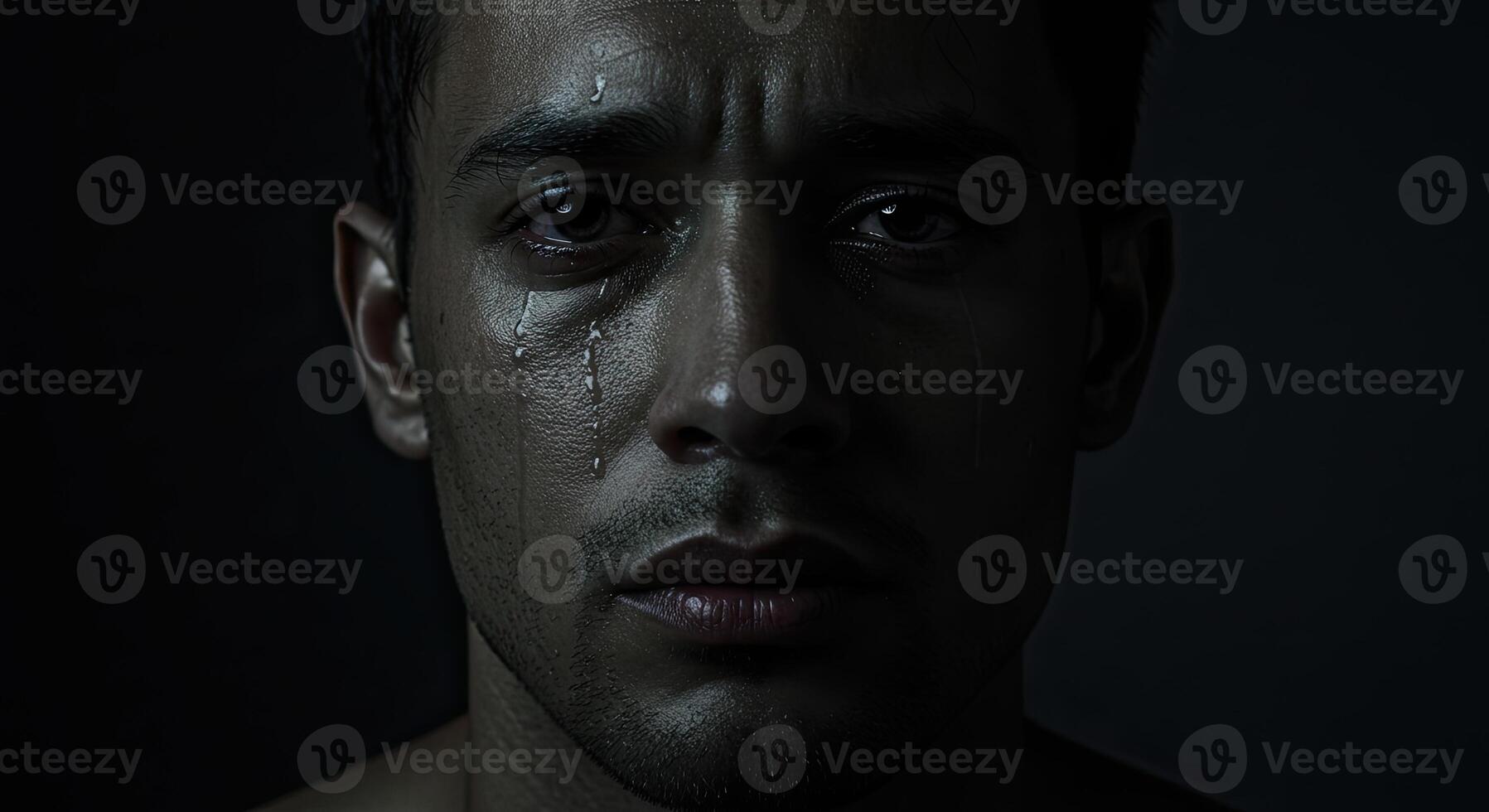 Close up portrait of a young adult man with tears streaming down face photo