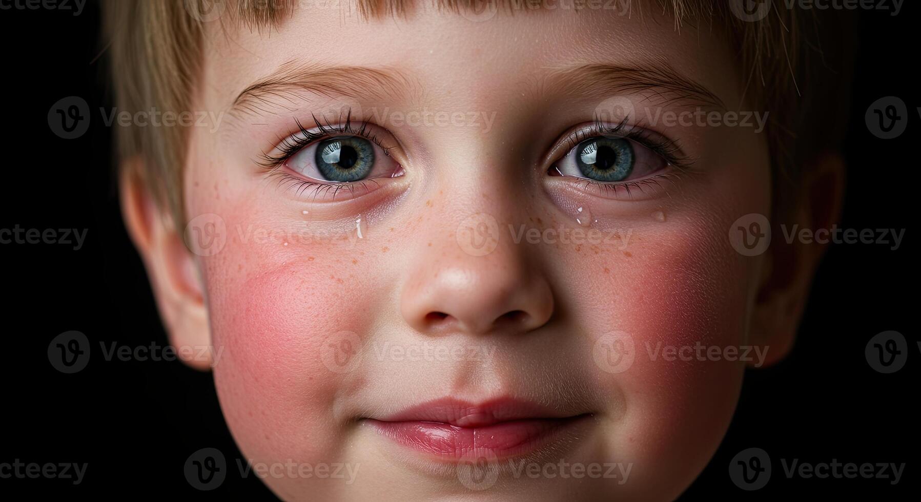 Close up portrait of a young boy with tears and a hopeful smile photo