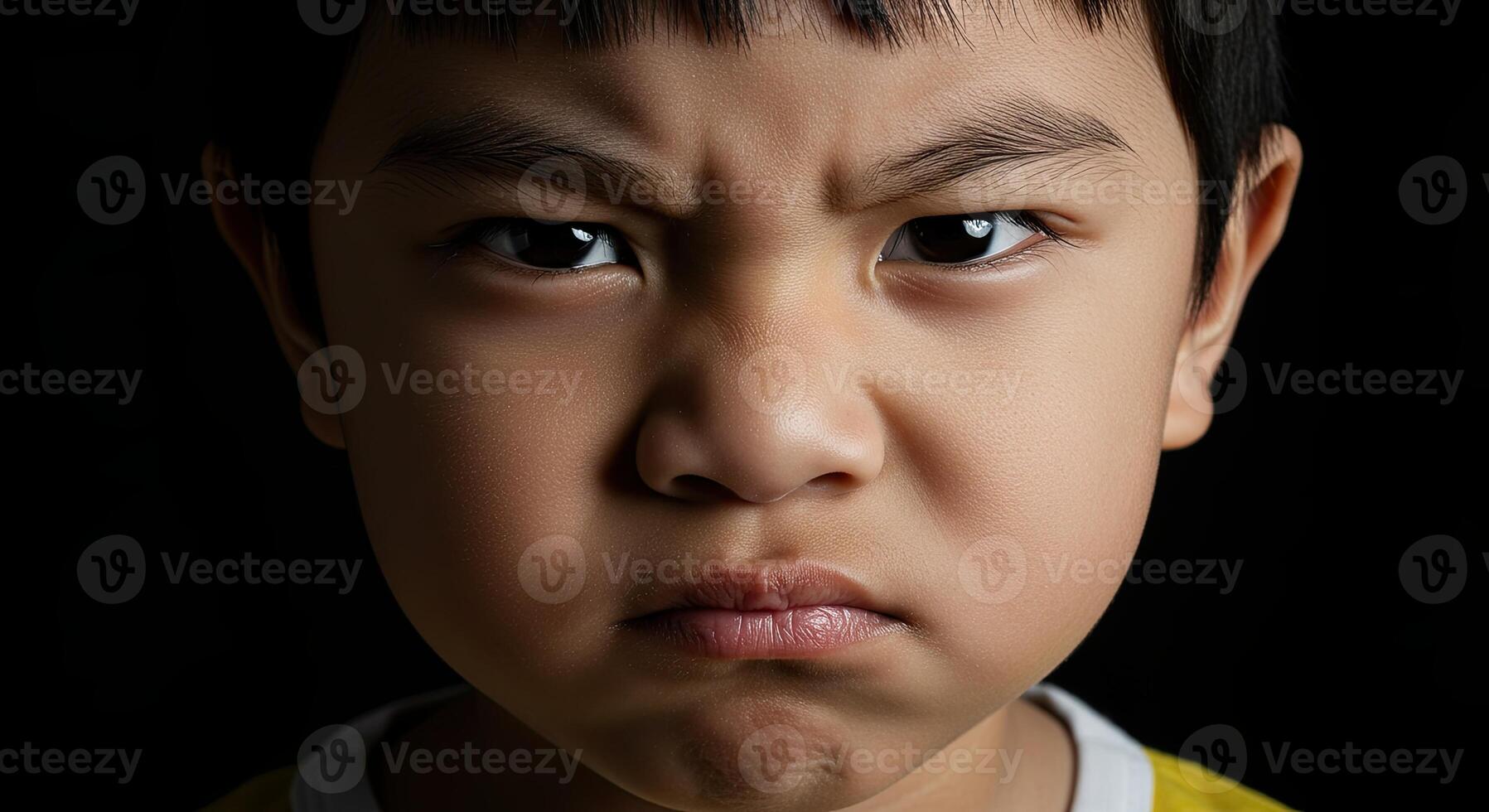 Close up portrait of an angry Asian boy with a furrowed brow look photo