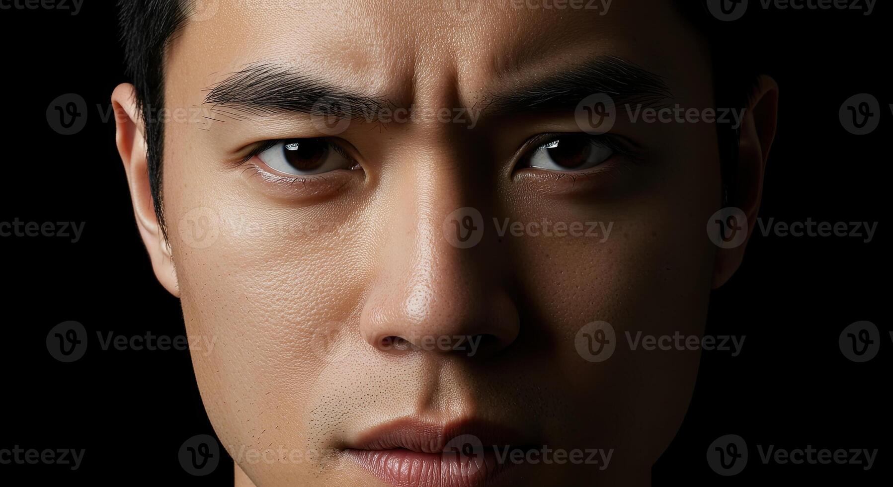 Close-up portrait of a serious Asian man with furrowed brows looking at camera photo