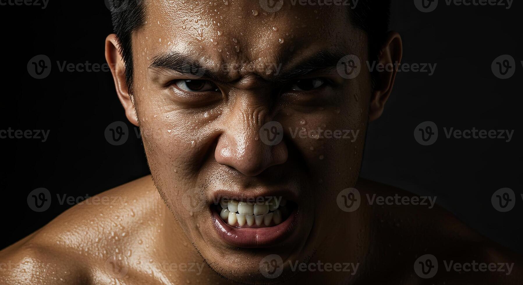 Close-up of a sweaty Asian man with an intense angry expression on face photo