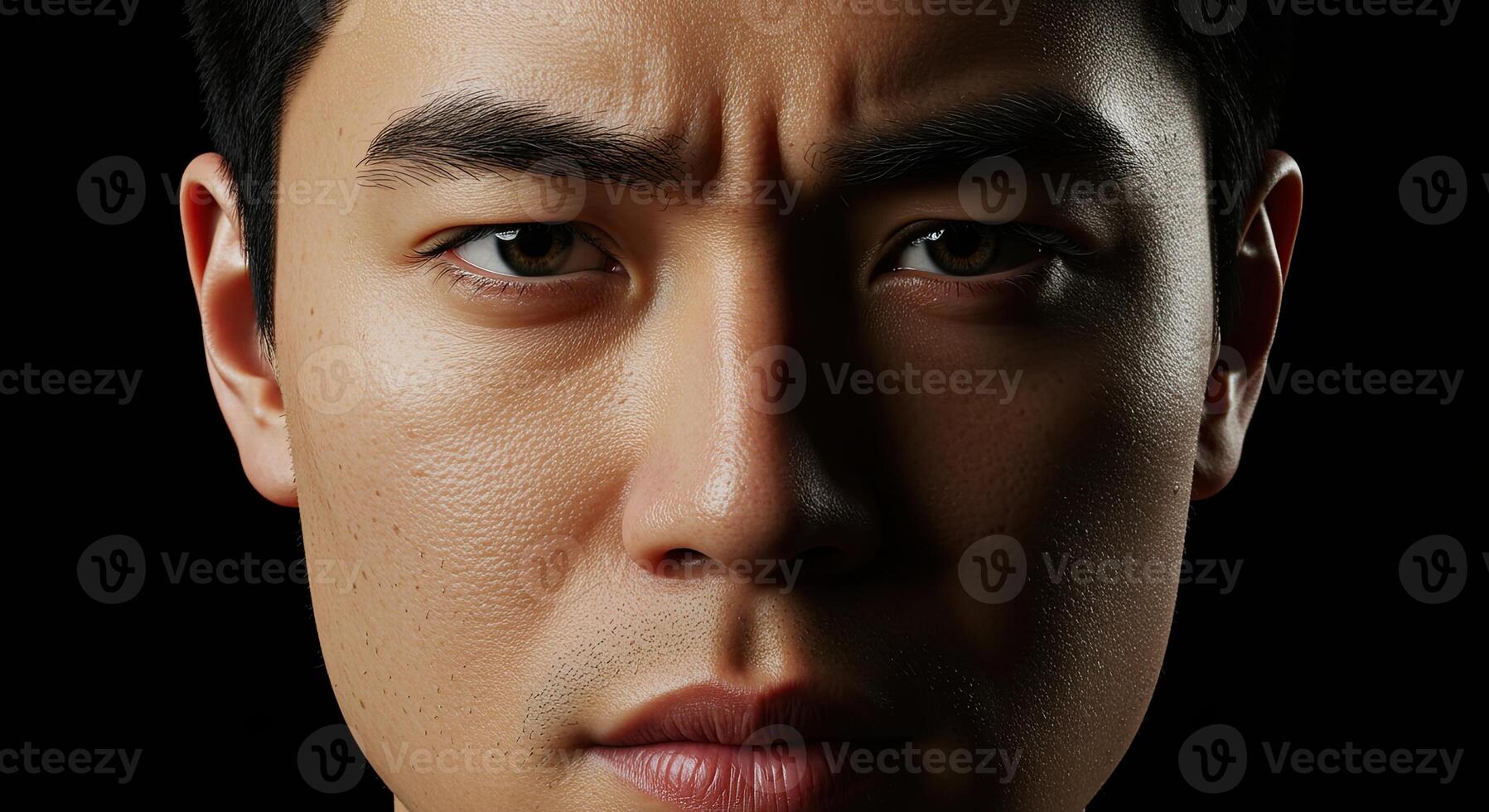 Close-up portrait of a thoughtful Asian man with furrowed brow and intense gaze photo