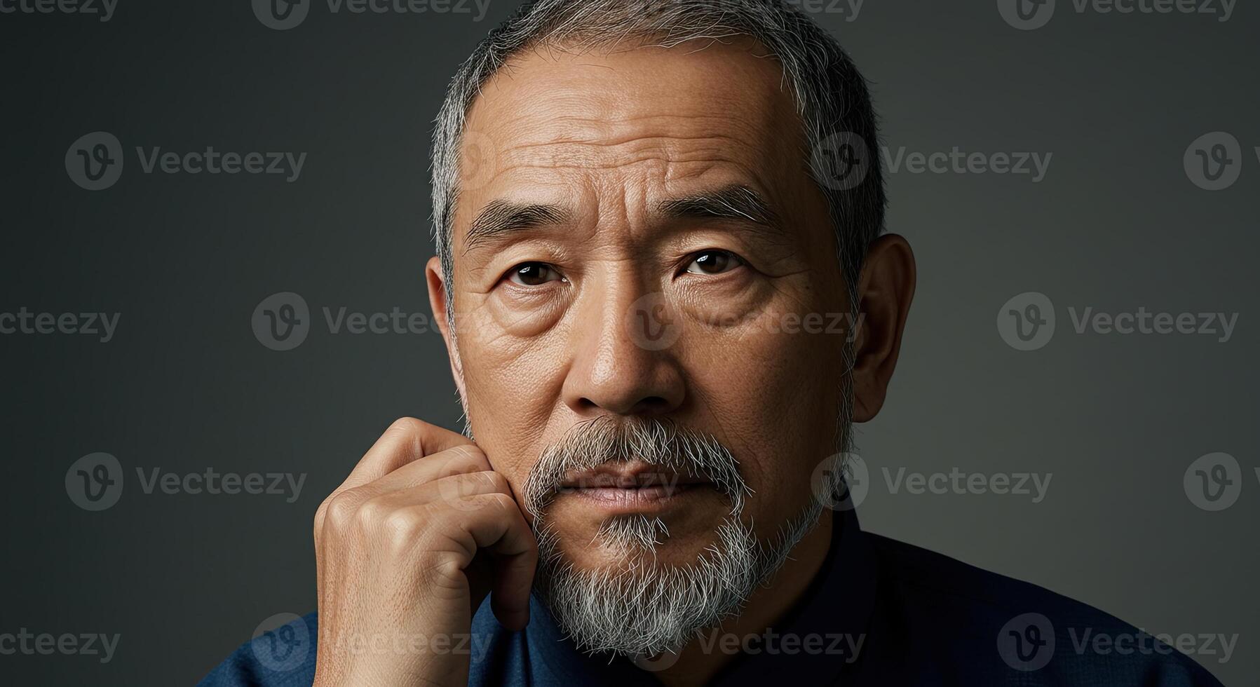 Contemplative Asian man with salt and pepper beard poses thoughtfully photo