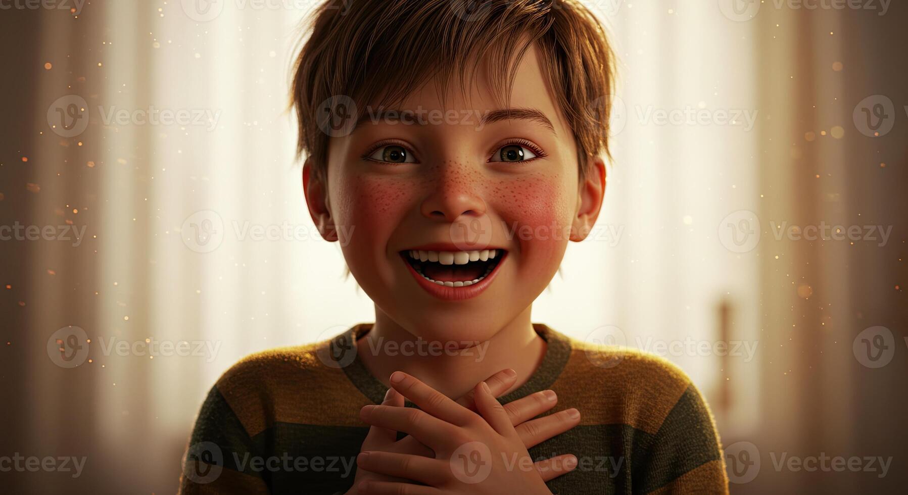 Delighted young boy with freckles expresses joy with hands on chest photo