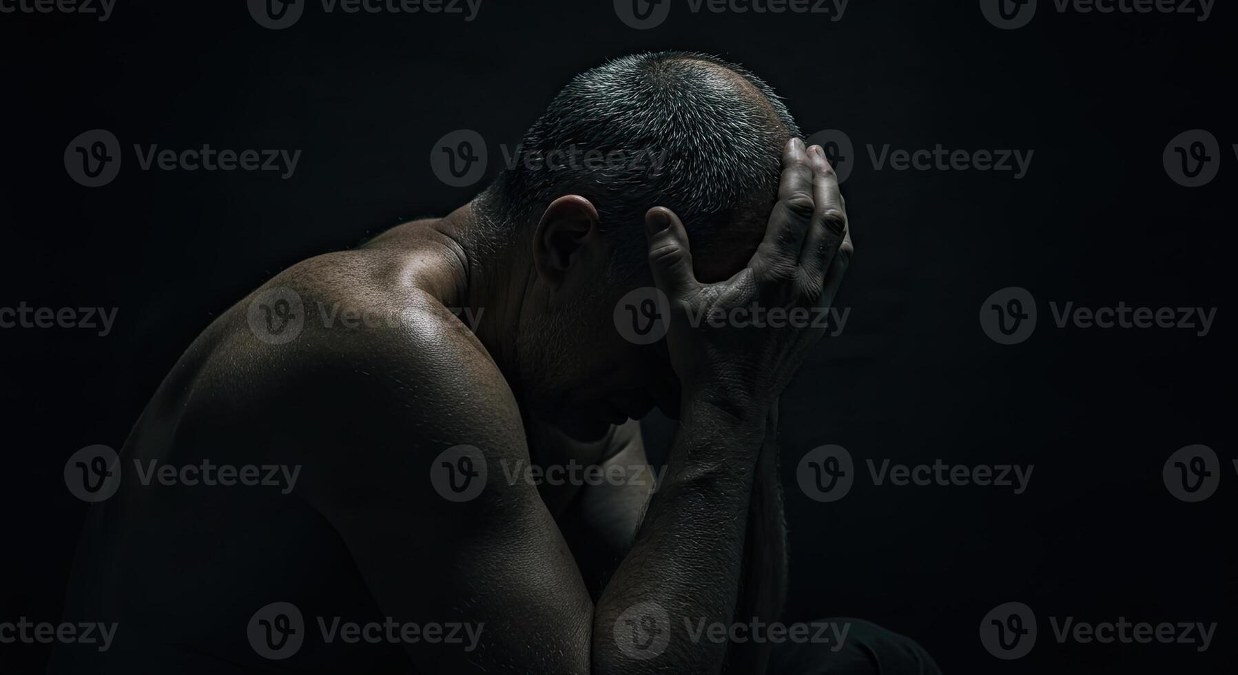 Depressed middle aged man with hands on head expressing desperation photo
