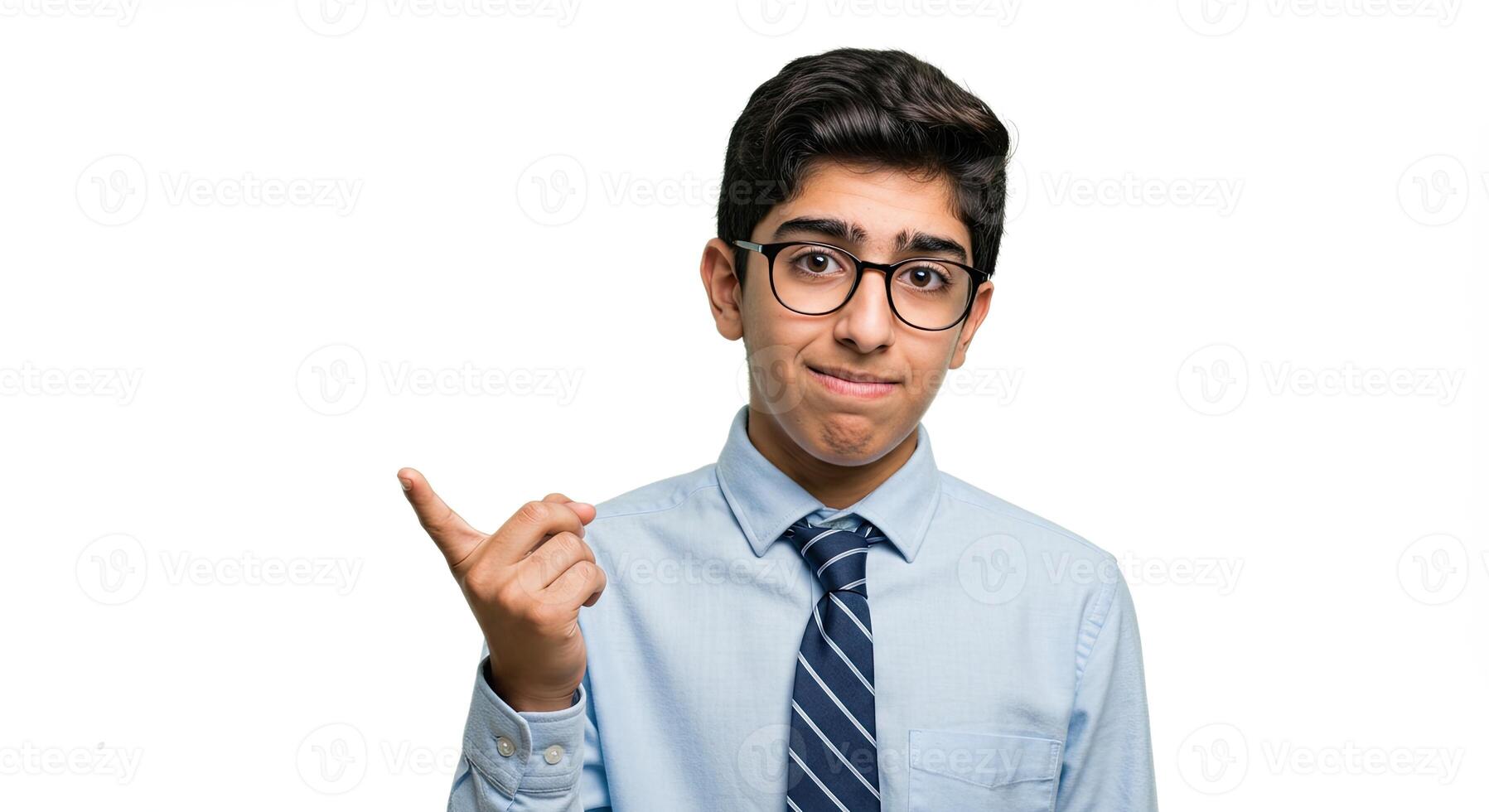Doubtful teenage boy in shirt and tie pointing left with questioning look photo