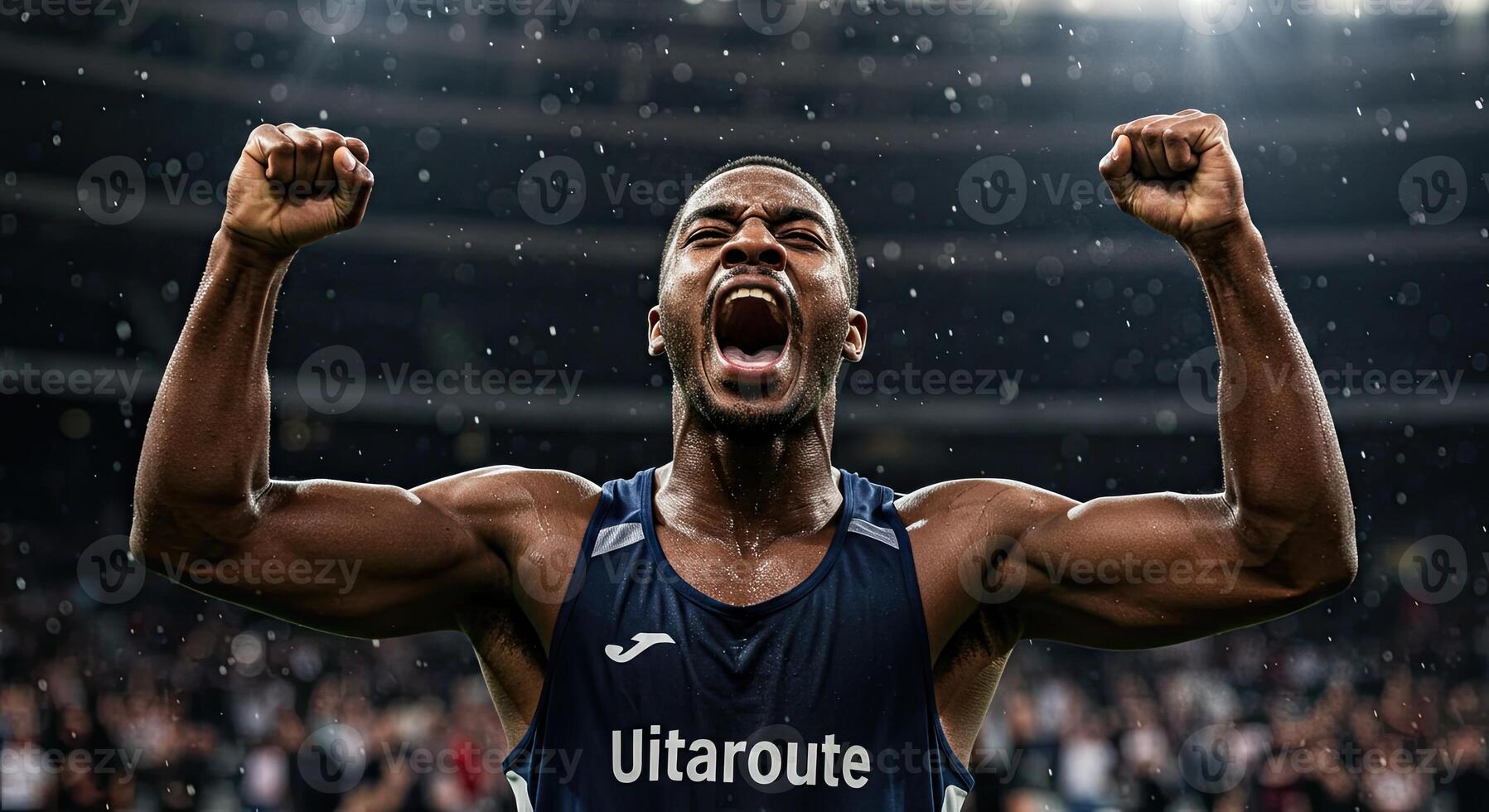 Ecstatic African athlete celebrates victory with raised fists and shouting photo