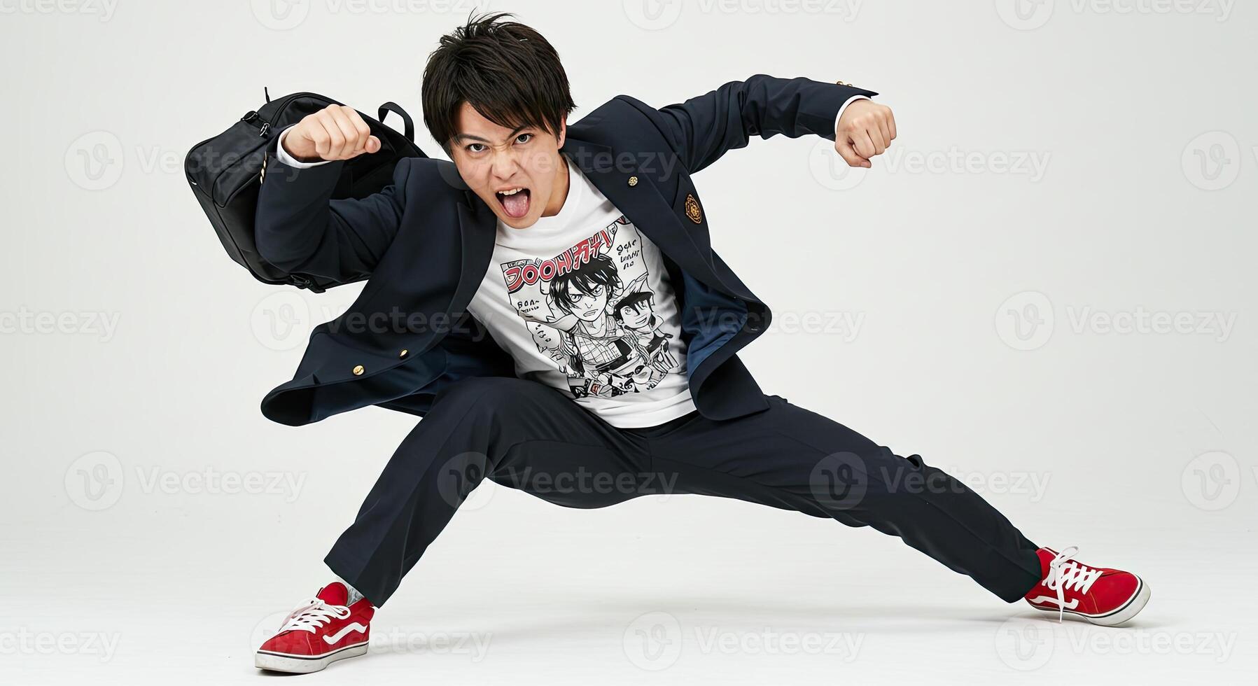 Energetic Asian man in school uniform striking a dynamic pose mid-air photo