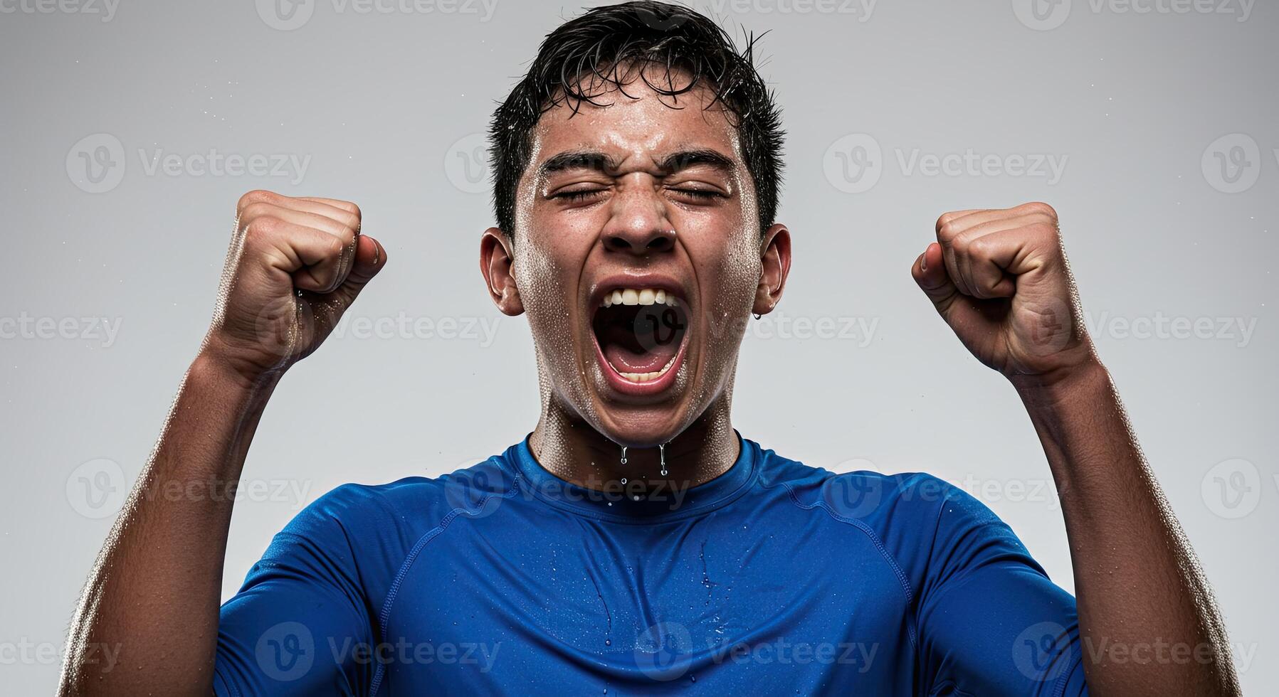 Exuberant young man celebrates with fists raised and triumphant shout photo