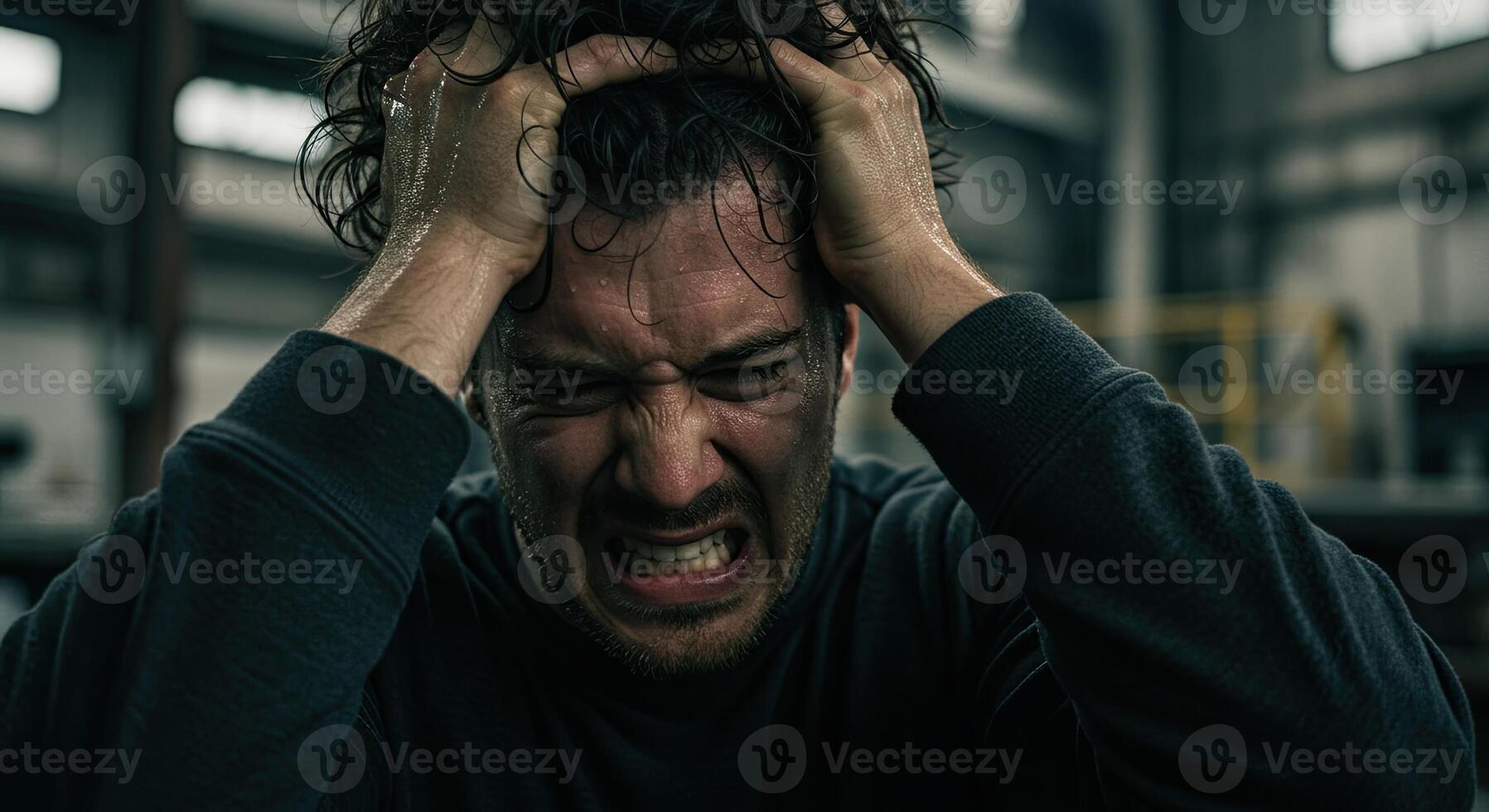 Frustrated man with hands on head experiencing stress and anxiety photo