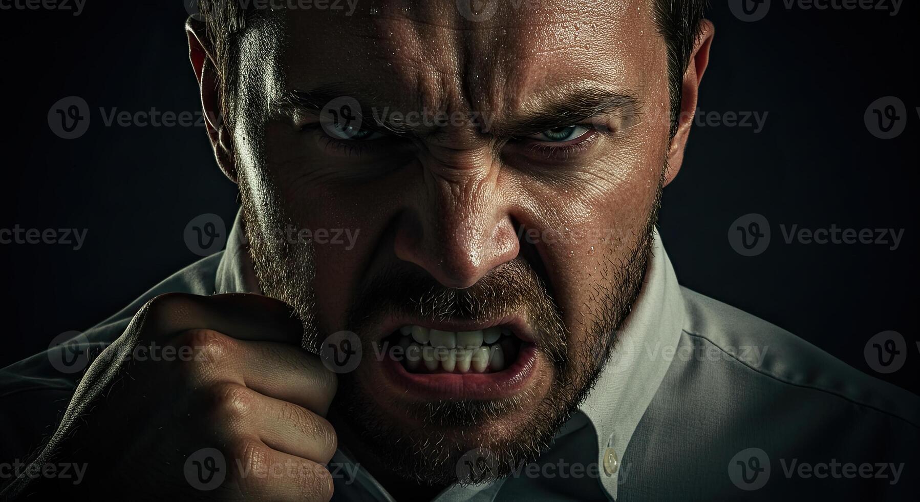 Furious man clenches fist showing anger and frustration in dramatic light photo