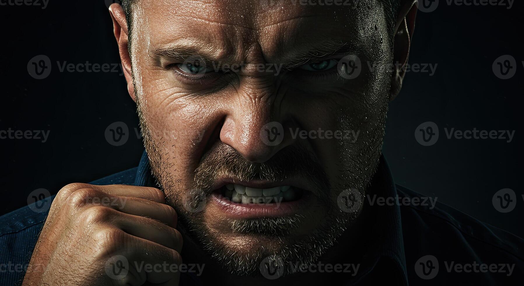 Furious man clenches fist in anger expressing rage and frustration photo