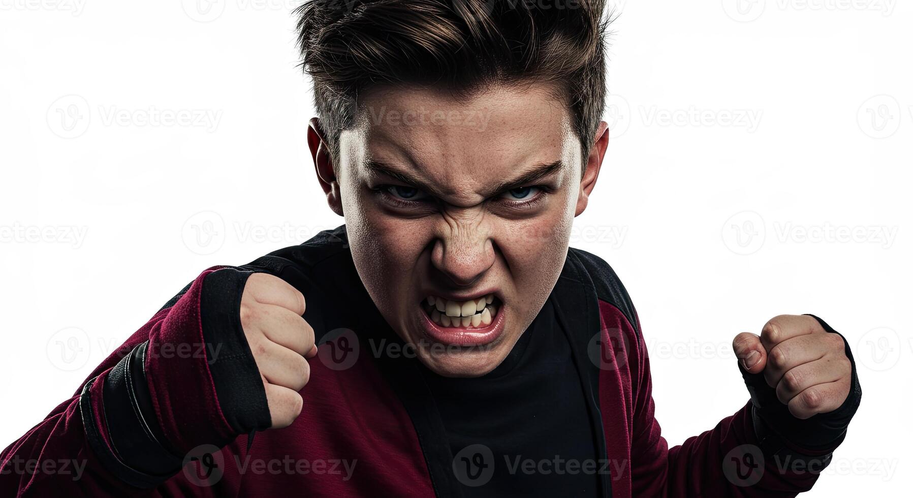 Furious teenage boy clenching fists with intense anger and aggression photo