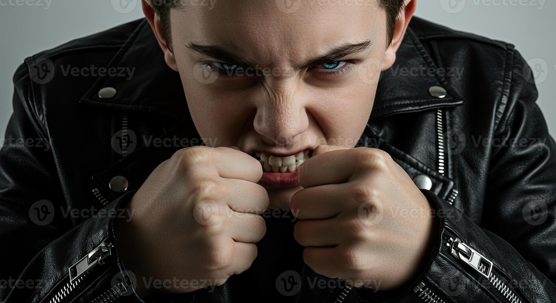 Furious teenager in a leather jacket clenches fists with an angry glare photo