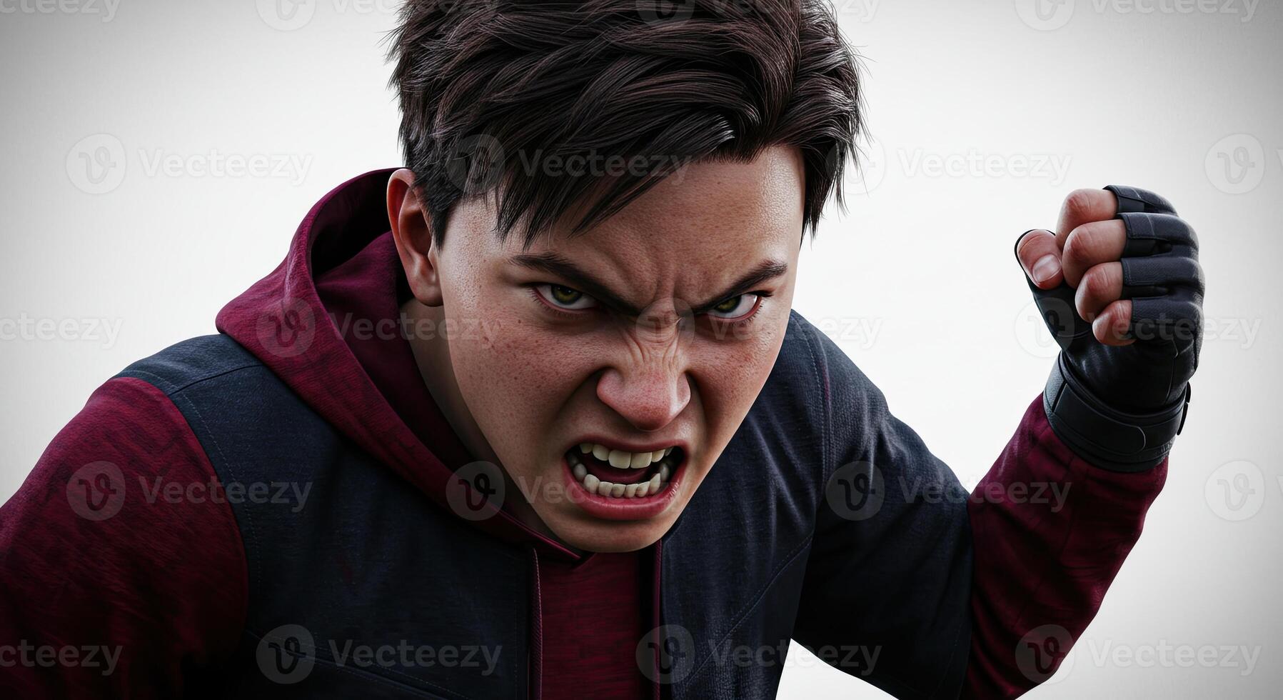Furious young man with clenched fist expressing anger and aggression photo