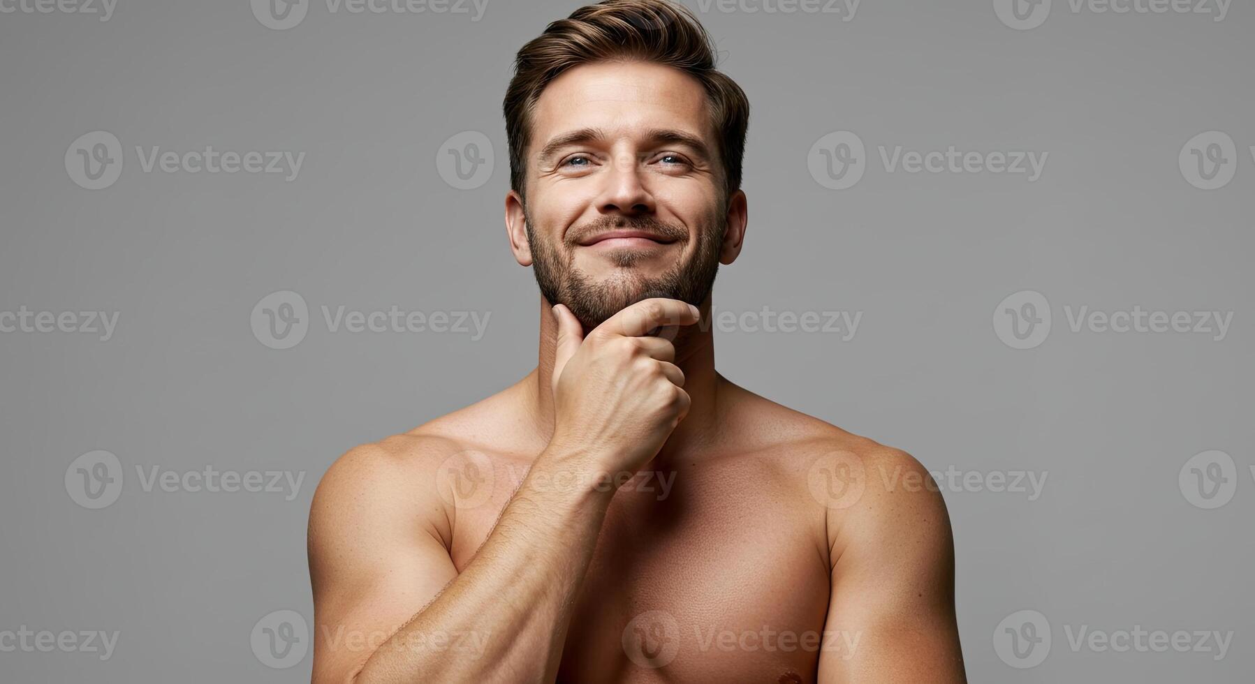 Handsome shirtless man with beard thoughtfully touching his chin smiling photo