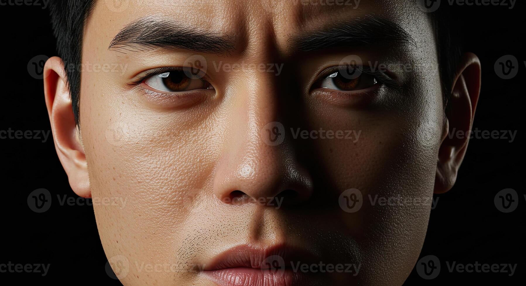 Intense Asian man's face close up with dramatic lighting and expression photo